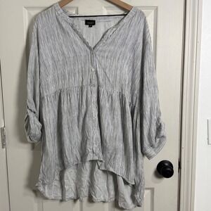 Jones New York 3X Tunic Blouse Pinstripe Roll Tab High Low Coastal Summer Vaca